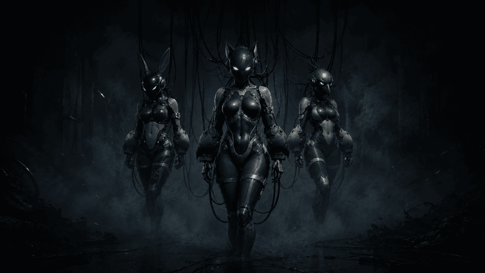 Three figures in biomech armor emerging from the fog